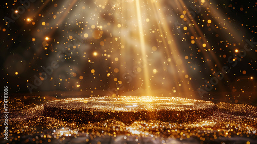 Podium with golden light lamps background with rays and sparks