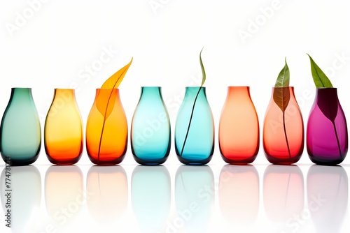 A row of transparent  gradient-hued glass vases  each holding a single  vibrant tropical leaf  isolated on white solid background