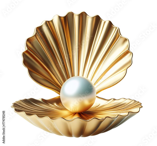 Seashell clam of gold with pearl, photorealistic illustration, isolated