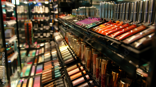 Racks with cosmetics - lipstick, mascara, face creams