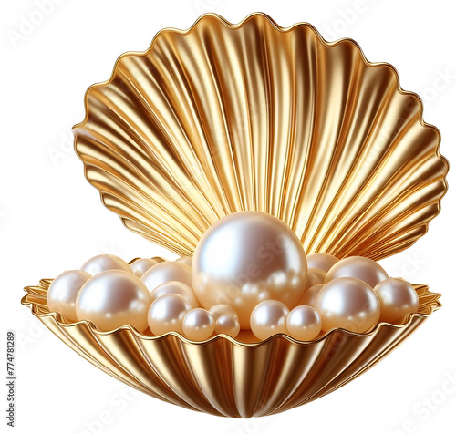 Seashell clam of gold with pearls, photorealistic illustration, isolated
