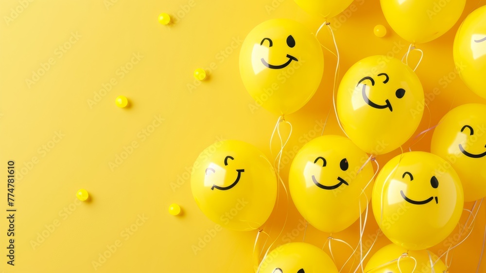 Fototapeta premium Yellow smiley face balloons on bright background - An array of yellow smiley face balloons represents happiness and positivity on a vibrant background