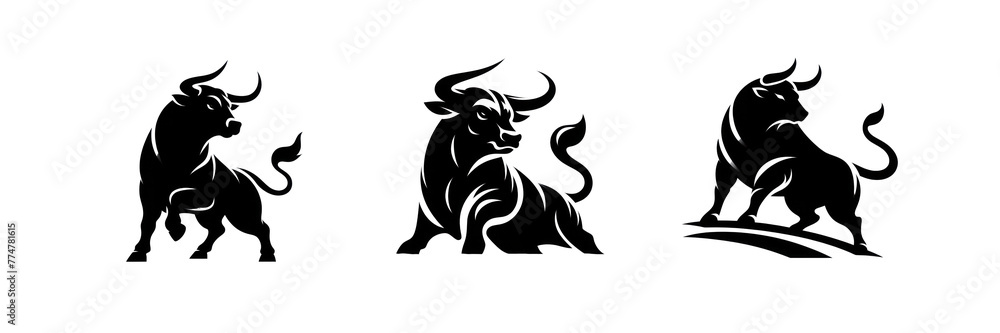 Set of Silhouette icon of Bull illustration, isolated over on transparent white background