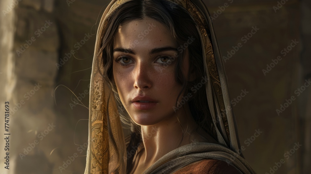 Fototapeta premium Serene woman with a headscarf in light - Serene looking woman with a headscarf bathed in soft light
