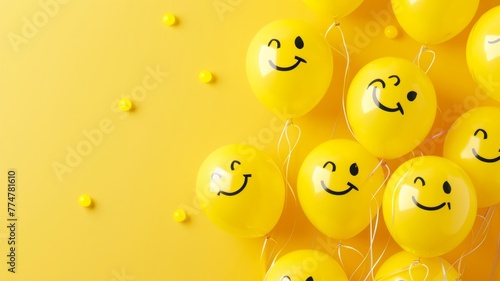 Yellow smiley face balloons on bright background - An array of yellow smiley face balloons represents happiness and positivity on a vibrant background photo