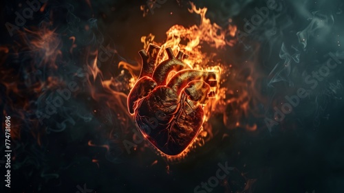 Anatomical heart ablaze with flames - A realistic human heart engulfed in flames depicting strong emotions or a burning passion for life