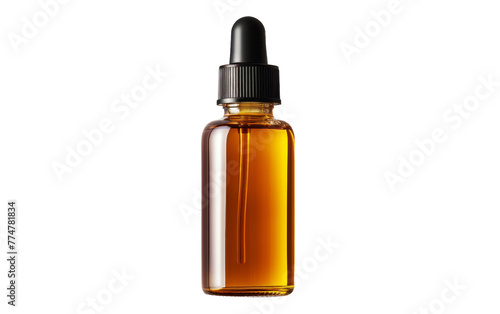 A bottle of oil with a dropper on a white background, poised to dispense a precious liquid