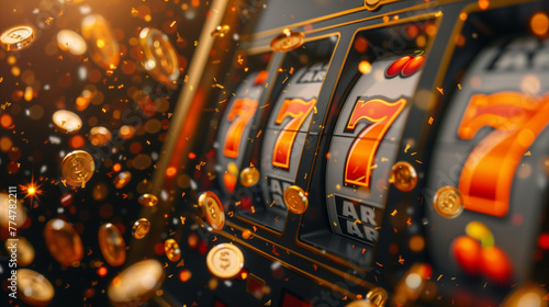 slot machine showing 777 with flying golden coins and confetti, casino, gambling and winning concept