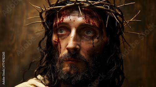 Portrayal of a Biblical Scene - A dramatic depiction of Jesus Christ with a crown of thorns and bloodstains.