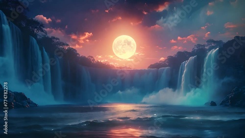wide waterfall at night with full moon shining above it.  photo