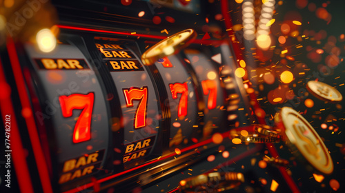 slot machine showing 777 with flying golden coins and confetti, casino, gambling and winning concept