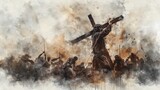 Jesus takes up his cross digital watercolor tones - Dynamic depiction of a historic battle scene rendered in smoky watercolor tones, capturing the chaos of war