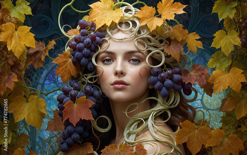 A beautiful woman with curly hair made of grapevine, surrounded by autumn leaves and grapes.