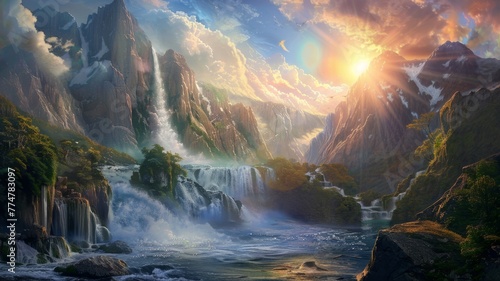 Majestic mountain range with vibrant waterfalls - This stunning image captures the tranquil beauty of a majestic mountain range with vibrant waterfalls amidst lush foliage