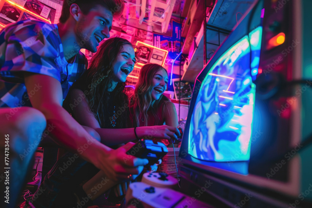 A group of friends playing video games on a retro console, surrounded by VHS tapes and neon lights