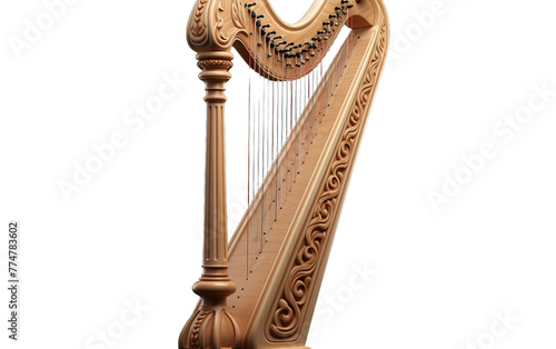 A majestic, large wooden harp stands gracefully on a pure white background