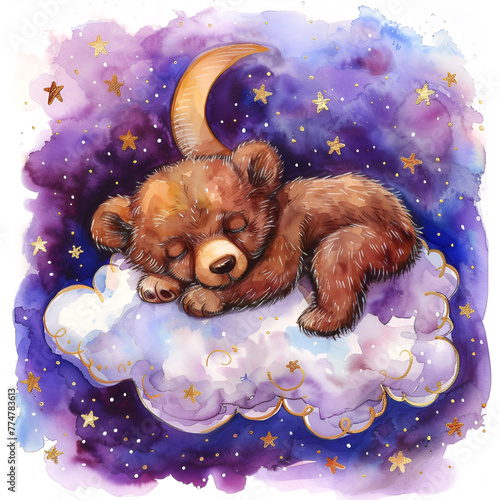 Cute bear sleeping on the cloud