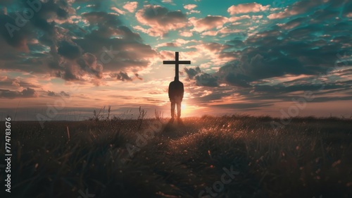 Silhouette in sunset with Christian cross - A solemn silhouette of an individual before a cross, poignantly captured against the backdrop of a vibrant sunset