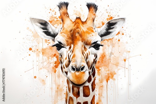 A serene giraffe face in orange and white on white