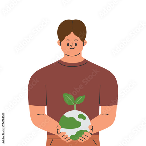 Man holding a globe with plants. Save the world. Earth day. Environmental sustainability. Flat cartoon style vector illustration isolated on white background
