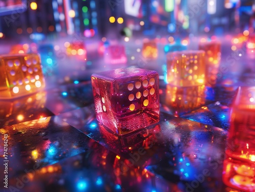 Fantasy surrealistic dice, vibrant and bright in 8K, creating a dreamy, vivid tableau