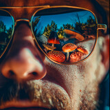 Drug addiction. Mushrooms in the reflection of glasses on a man’s face, poisonous mushrooms, hallucinogen. Drug addiction concept. Portrait
