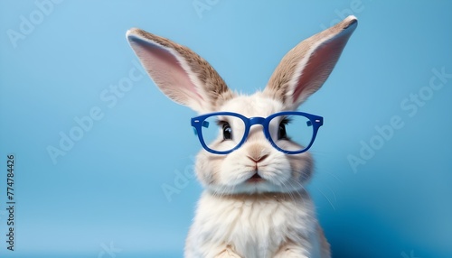 cute bunny wearing stylish blue glasses on blue paper, giving a cheeky yet adorable look