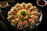 Traditional dumpling momos food from Nepal served with tomato chutney over moody background. Selective focus