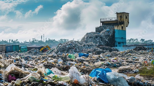 Dump on the street, waste processing plant. Concept ecology, recycling, plastic, environment, pollution, industry, dirt, poisonous, nature, unsanitary conditions, waste, global problem. photo