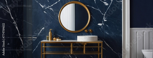 Bathroom wall mockup with marble vanity and towels on navy blue wall background. Change the colors and make each prompt different. photo