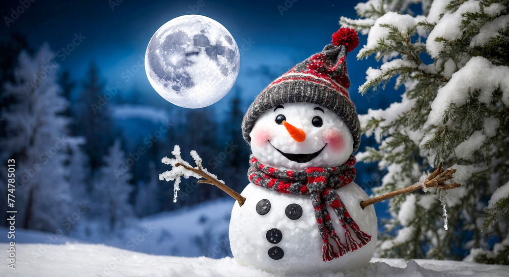 Obraz premium Dreamy Winter Nightscape: Snowman in Knit Hat & Scarf in a Full Moon Night