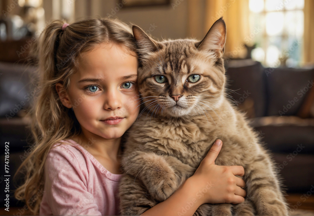 Best Friends Forever: Close-Up Portrait of Little Girl Hugging Her Beloved Cat