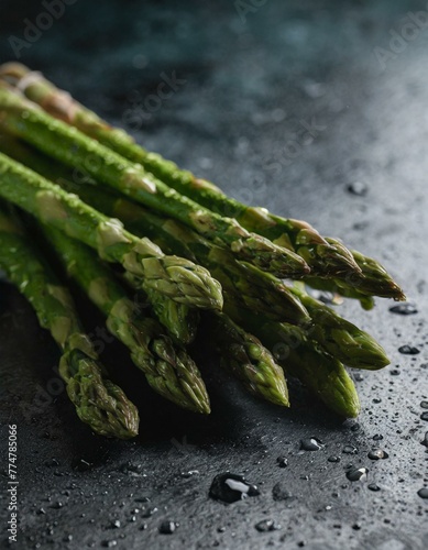 A close-up of asparagus with water droplets on its tips, arranged on a dark, textured surface for a food photography shoot, showcasing the vegetable's natural beauty