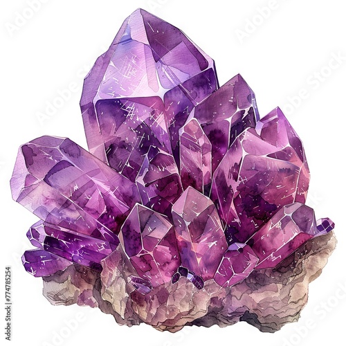 watercolor amethyst gemstone, isolated on white background for clipart. ai generated