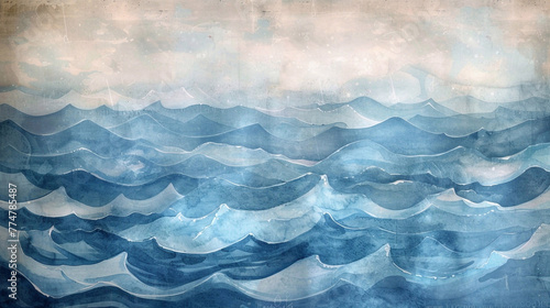 Watercolor drawing of waves and clouds. Abstract watercolor background.