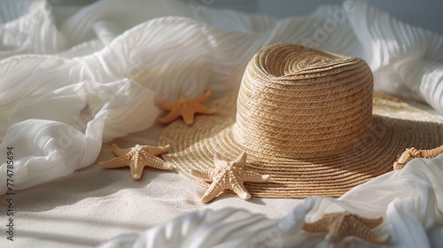 Summer set. A straw hat, white balnket and seastars on white sandy background. photo