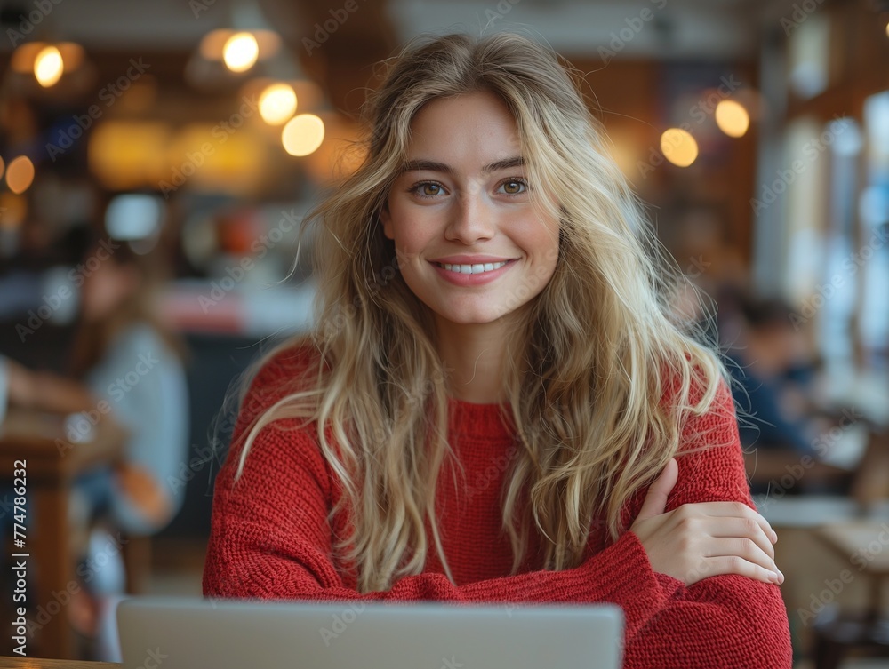 woman, smiling student using laptop computer sitting on chair in cafe woman, smiling student using laptop computer sitting on chair in cafe