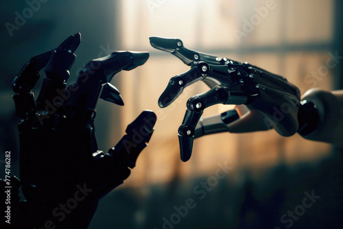 A robotic hand and a human hand touching