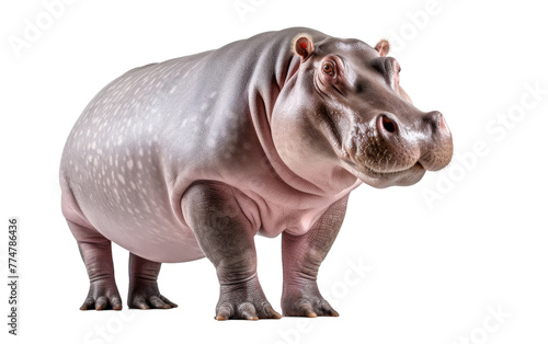 A majestic hippopotamus stands confidently in front of a pristine white background