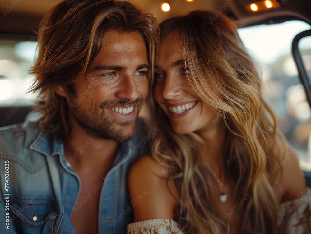 Beautiful couple smiling while sitting in their new car buying a car at a car dealership, looking at camera Beautiful couple smiling while sitting in their new car buying a car at a car dealership, looking at camera