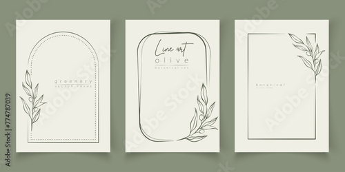 Botanical line art illustration set of olive leaves, branch frames for wedding invitation and cards, logo design, web, social media and posters template. Elegant minimal style floral vector isolated.	