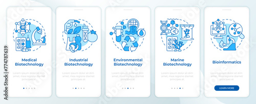 Types of biotechnology blue onboarding mobile app screen. Walkthrough 5 steps editable graphic instructions with linear concepts. UI, UX, GUI template. Montserrat SemiBold, Regular fonts used