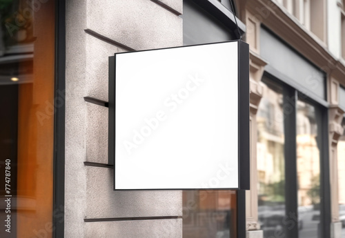 Empty store sign mockup on shop wall. Signage in modern street. Generative Ai