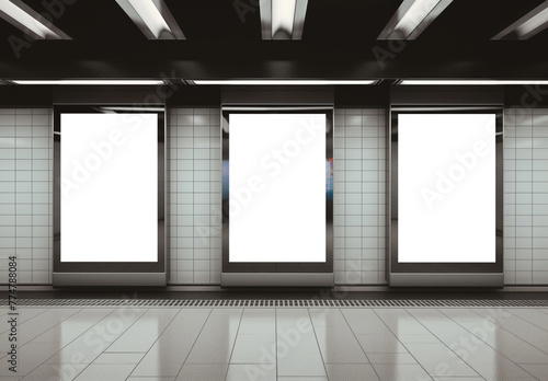 Billboards on underground wall Mockup. Vertical hoardings template in subway station. Generative Ai