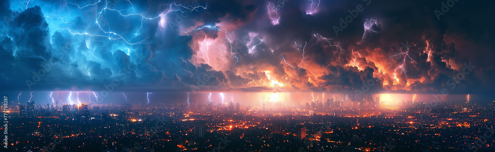Fototapeta premium landscape panorama with thunderstorms and thunderbolts lightning flashes in blue night sky over megalopolis city with skyscrapers