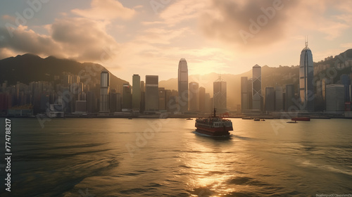 Hong Kong skyline at sunset, Hong Kong, China. Hong Kong is the most densely populated of the five boroughs of Hong Kong.