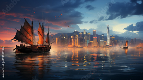 Sailing ship in Hong Kong at night. 3D rendering. photo