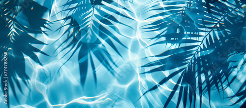 A blue ocean with palm trees and their shadows on the water