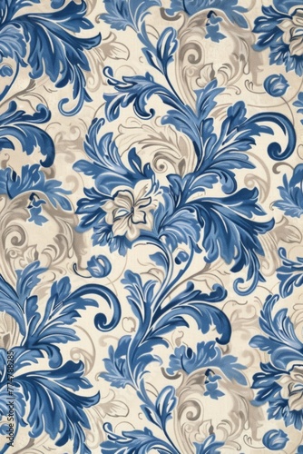 Ornamentation of the Renaissance period combine swirling foliage, acanthus leaves, and classical figures in a pattern that primarily uses blue and beige created with Generative AI Technology