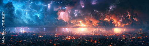 landscape panorama with thunderstorms and thunderbolts lightning flashes in blue night sky over megalopolis city with skyscrapers